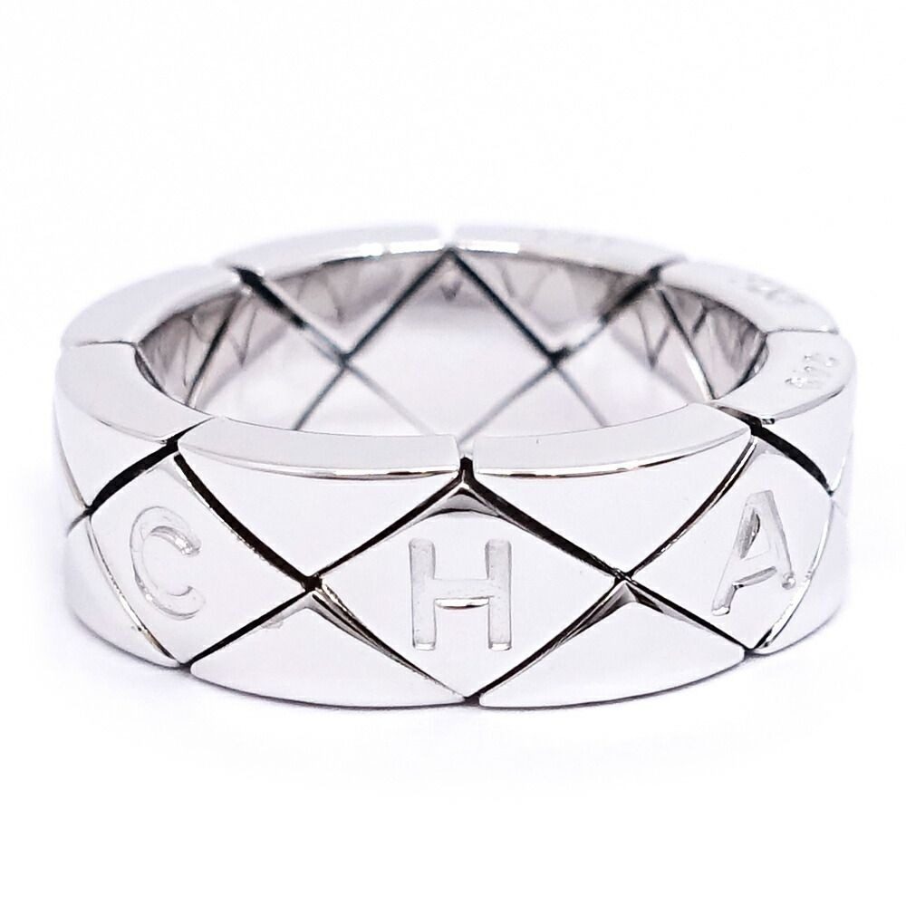 Chanel 18k White Gold Quilted Ring Logo Bullion Polished