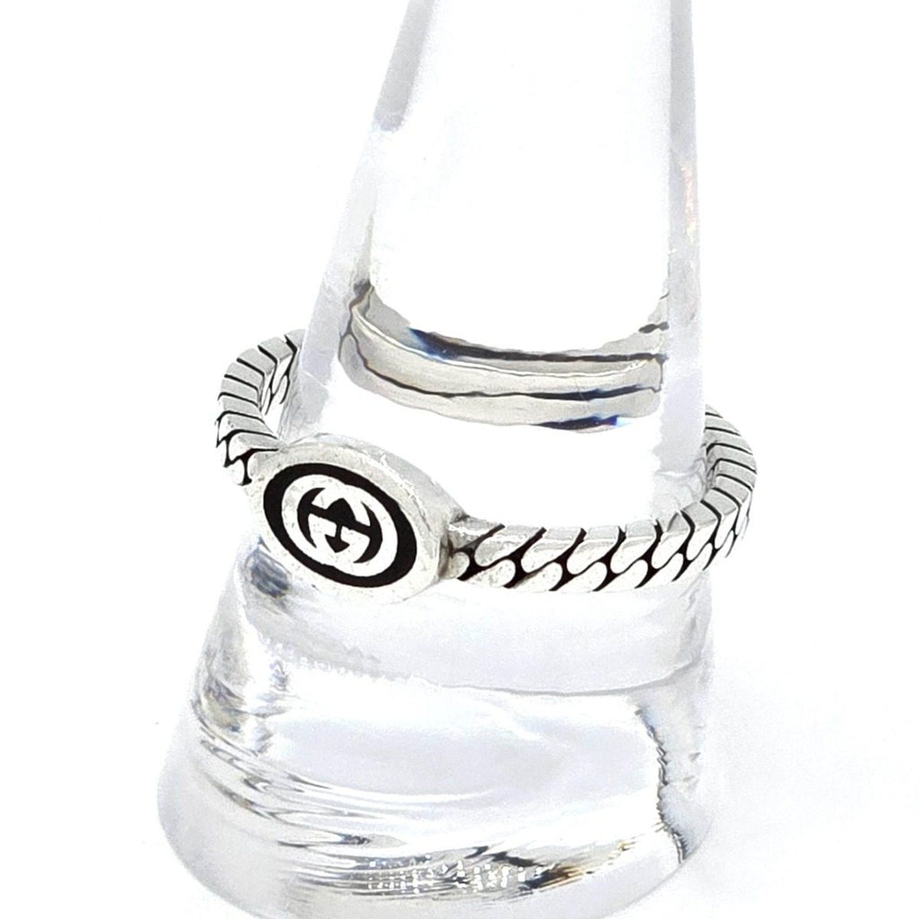 Gucci Interlocking Slim Ring Black Color Enamel Star Silver Gourmet Chain