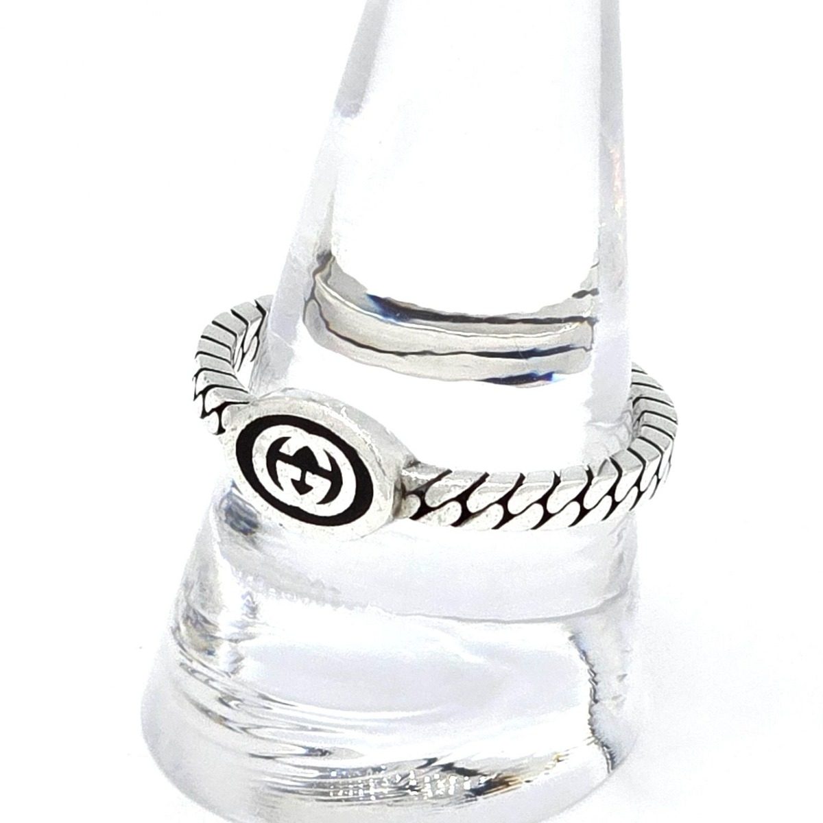 Gucci Interlocking Slim Ring Black Color Enamel Star Silver Gourmet Chain