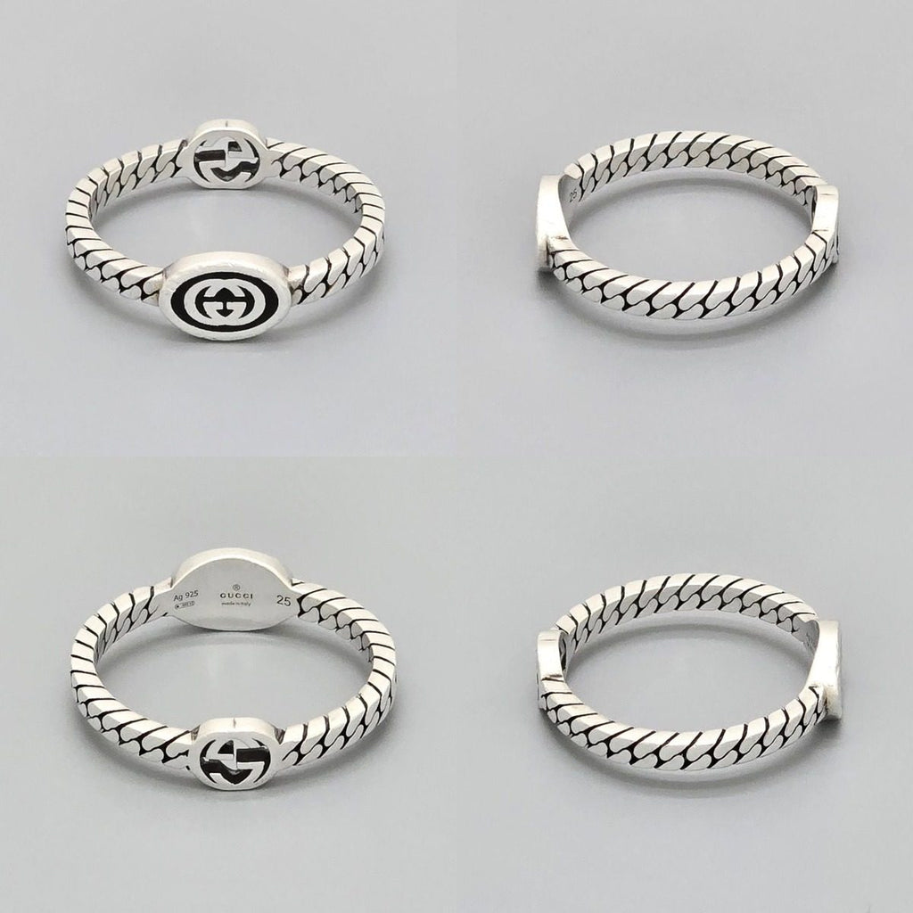 Gucci Interlocking Slim Ring Black Color Enamel Star Silver Gourmet Chain