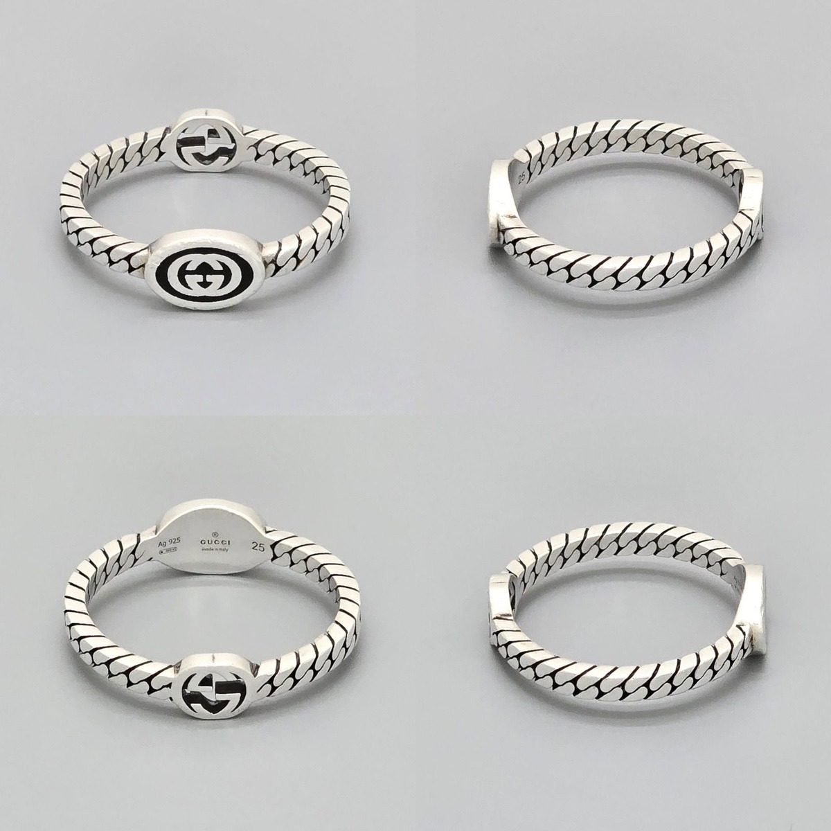 Gucci Interlocking Slim Ring Black Color Enamel Star Silver Gourmet Chain