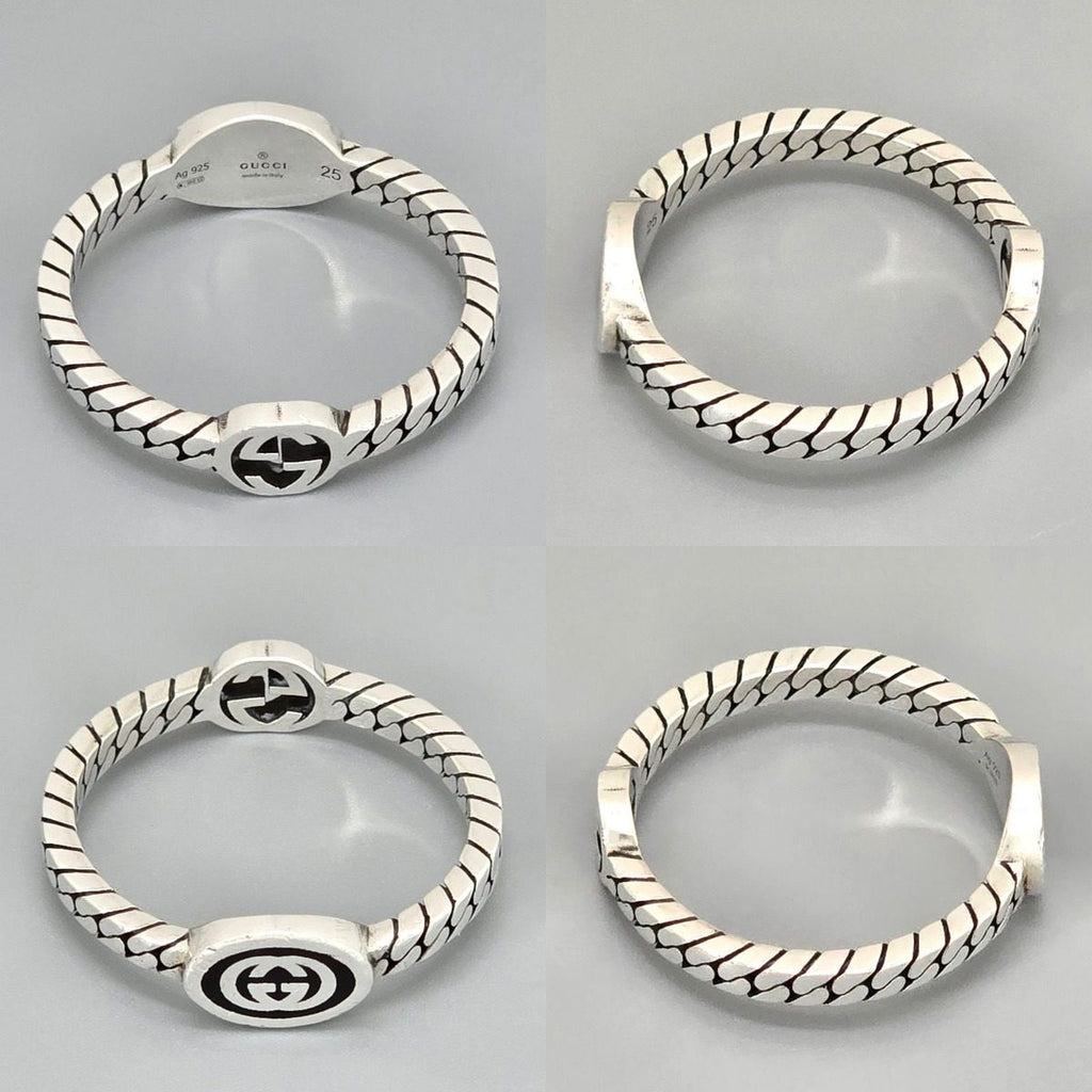 Gucci Interlocking Slim Ring Black Color Enamel Star Silver Gourmet Chain