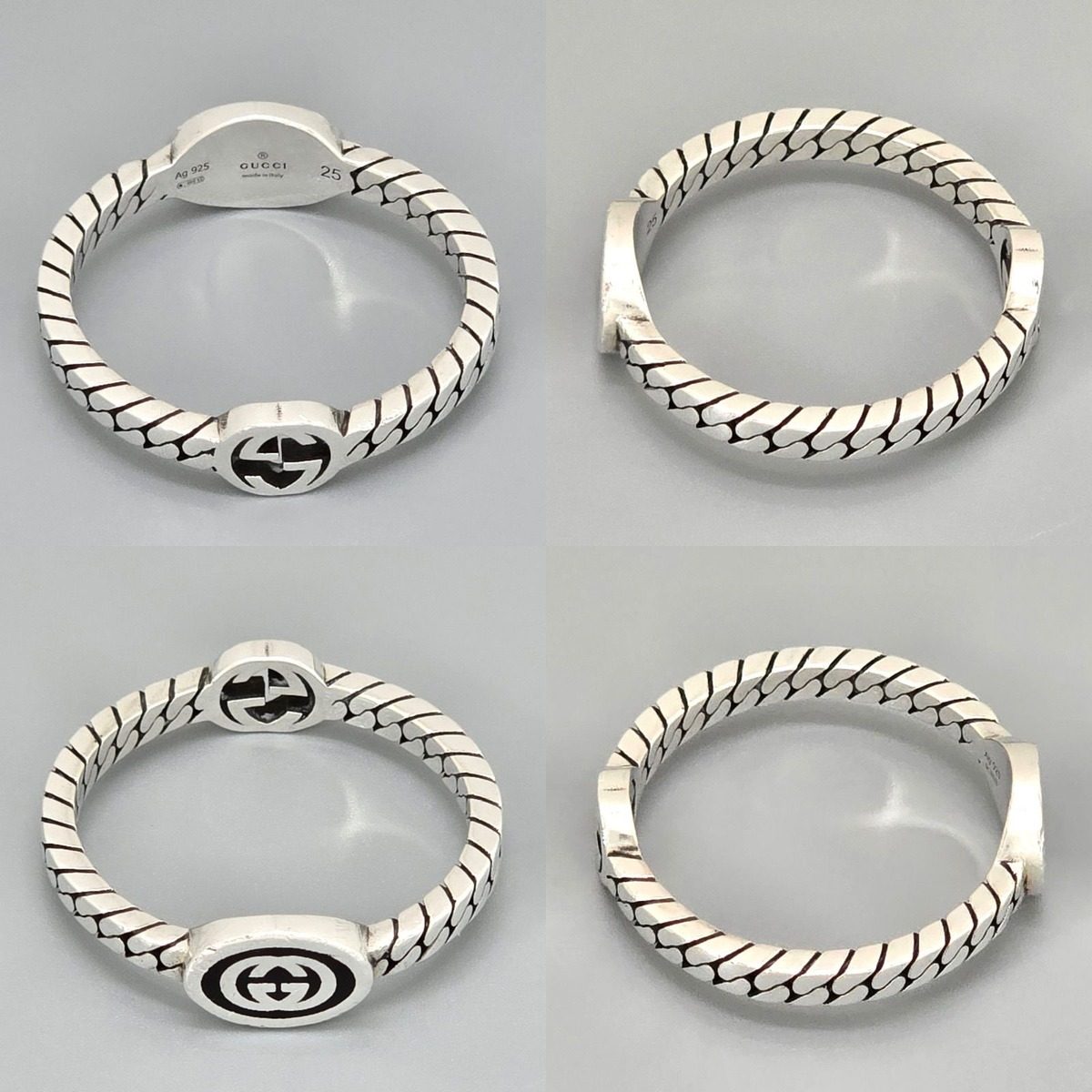 Gucci Interlocking Slim Ring Black Color Enamel Star Silver Gourmet Chain
