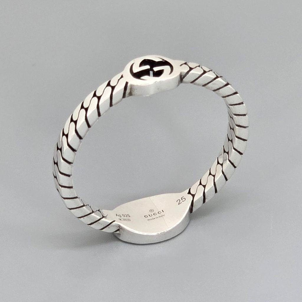 Gucci Interlocking Slim Ring Black Color Enamel Star Silver Gourmet Chain