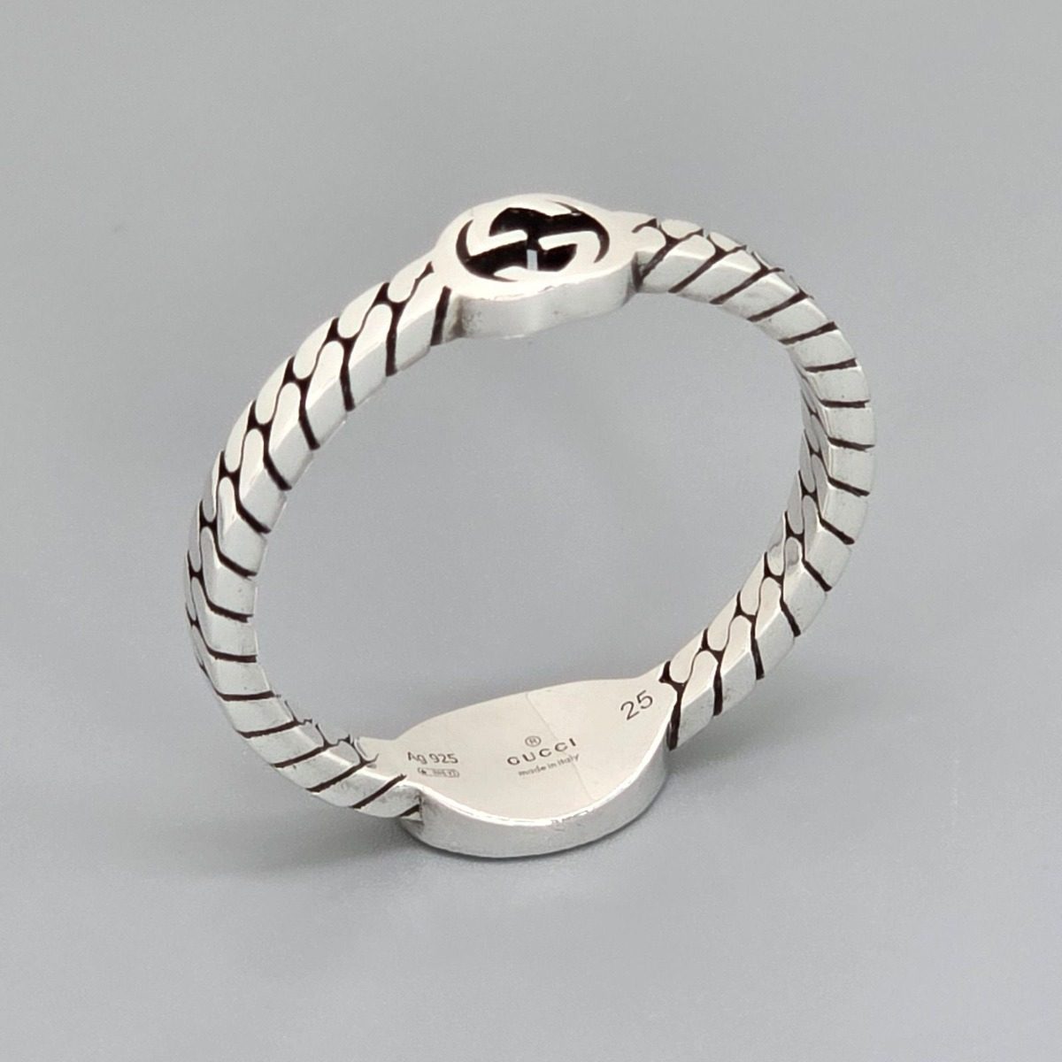 Gucci Interlocking Slim Ring Black Color Enamel Star Silver Gourmet Chain