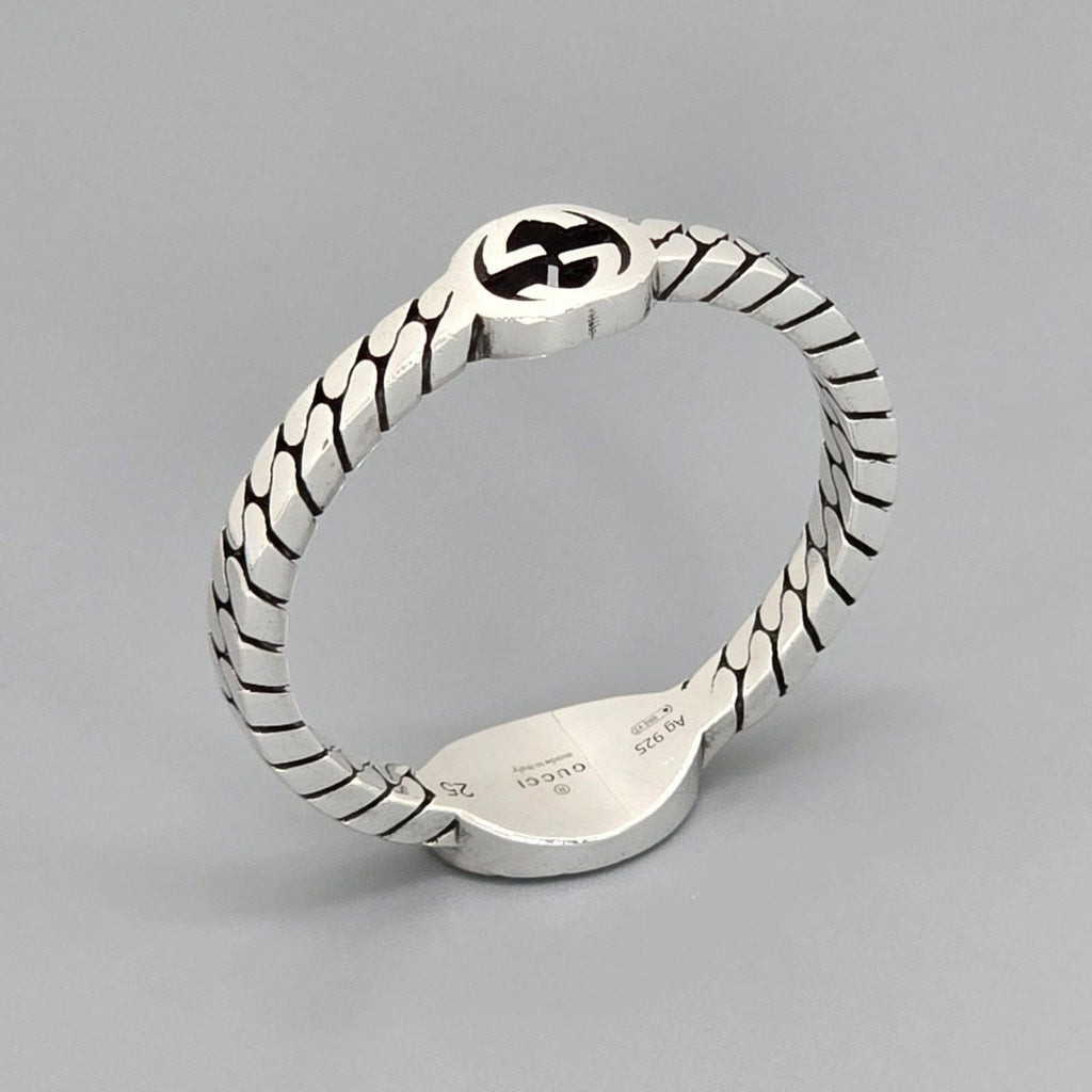 Gucci Interlocking Slim Ring Black Color Enamel Star Silver Gourmet Chain