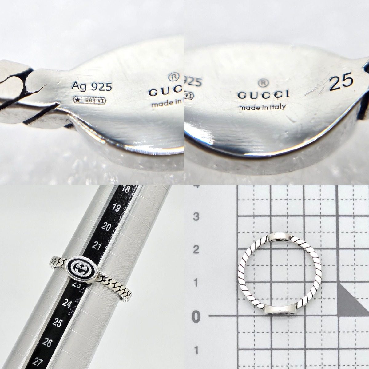 Gucci Interlocking Slim Ring Black Color Enamel Star Silver Gourmet Chain