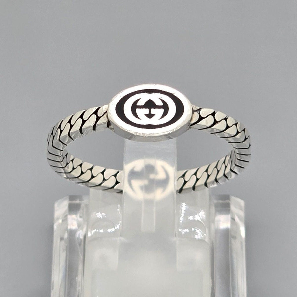 Gucci Interlocking Slim Ring Black Color Enamel Star Silver Gourmet Chain