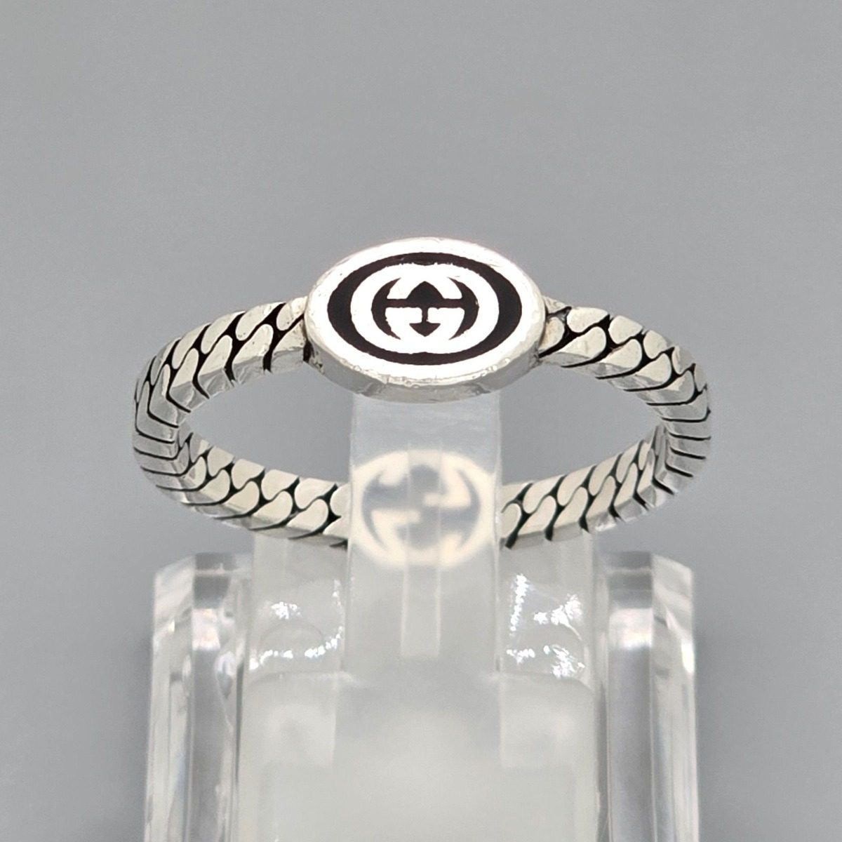 Gucci Interlocking Slim Ring Black Color Enamel Star Silver Gourmet Chain