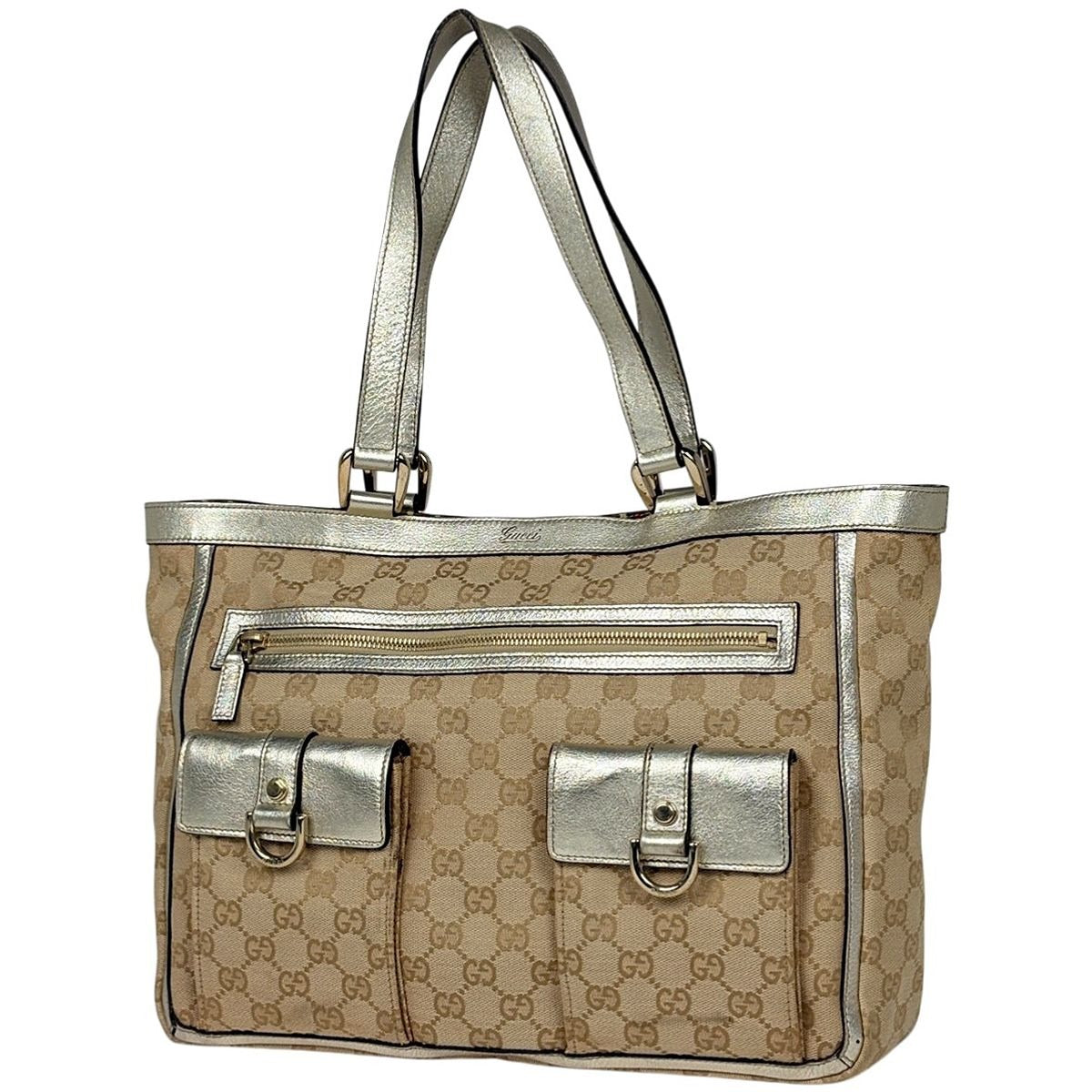 Gucci GG Pattern Tote Shoulder Bag Canvas Beige Gold
