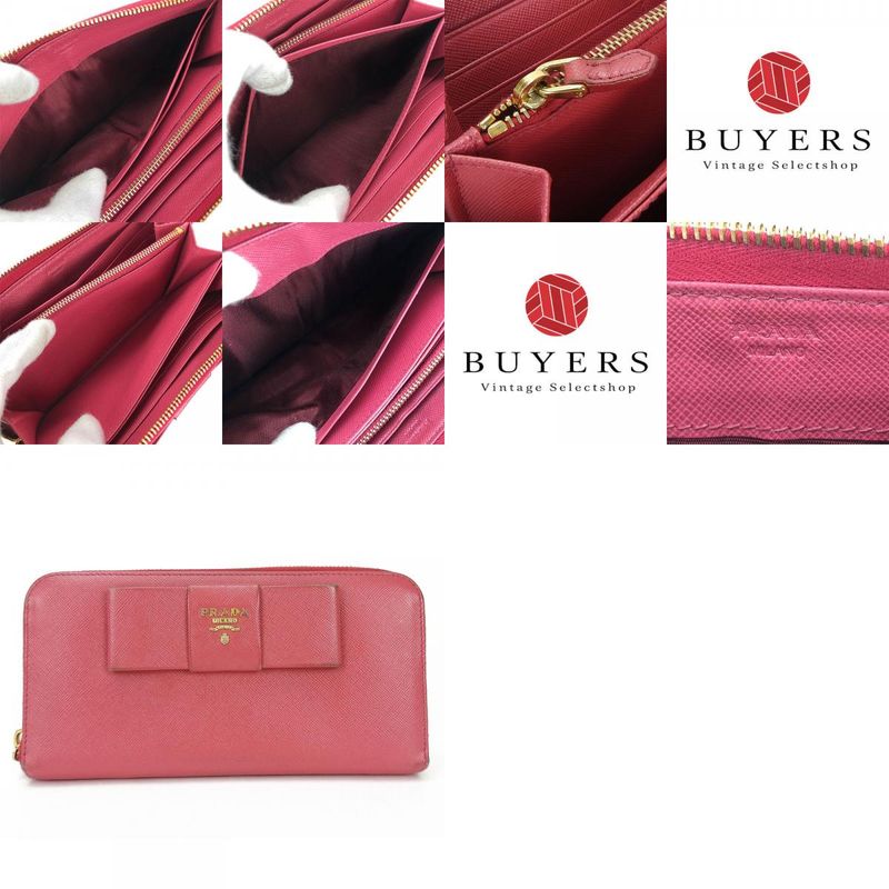 Prada Long Wallet Saffiano Pink Peonia Gold Hardware Round Zipper Ribbon — view 9