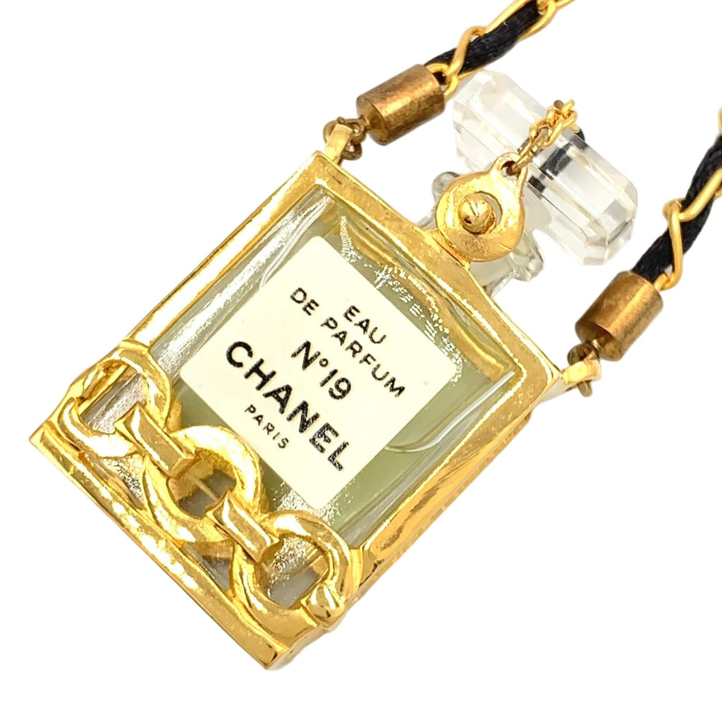 Chanel Perfume Bottle Nylon Glass Clear Gold Black Chain Necklace