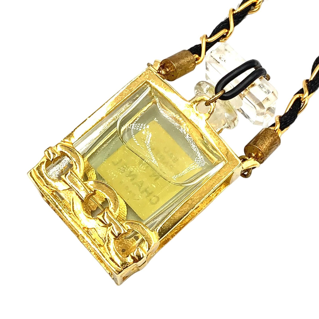 Chanel Perfume Bottle Nylon Glass Clear Gold Black Chain Necklace — view 2