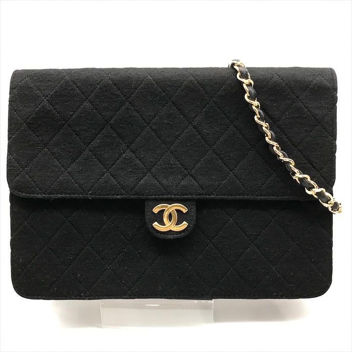 Chanel CC Logo Cotton Jersey Quilted Chain Shoulder Bag Black