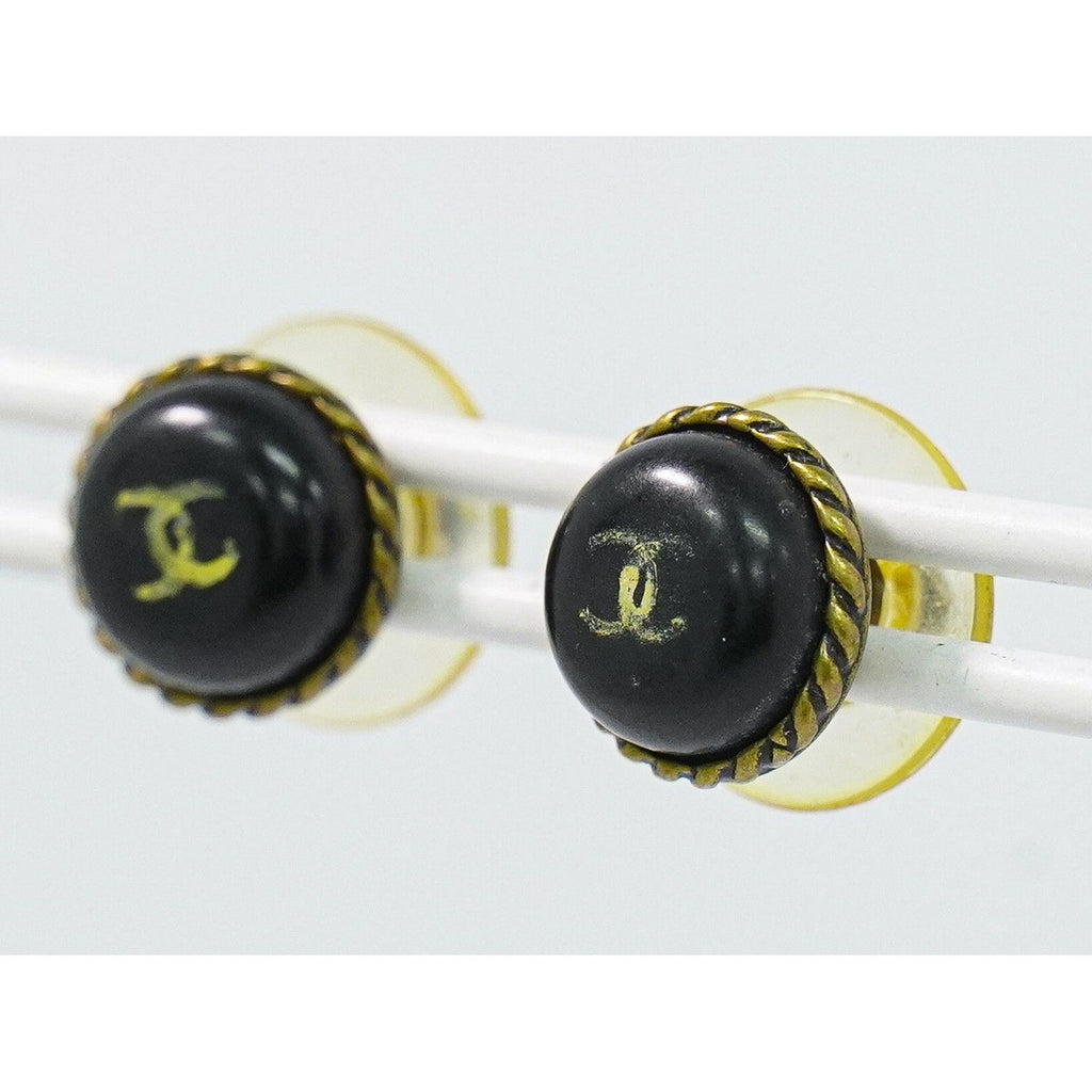 Chanel CC Logo Earrings Plastic Gold Plated Black — view 6