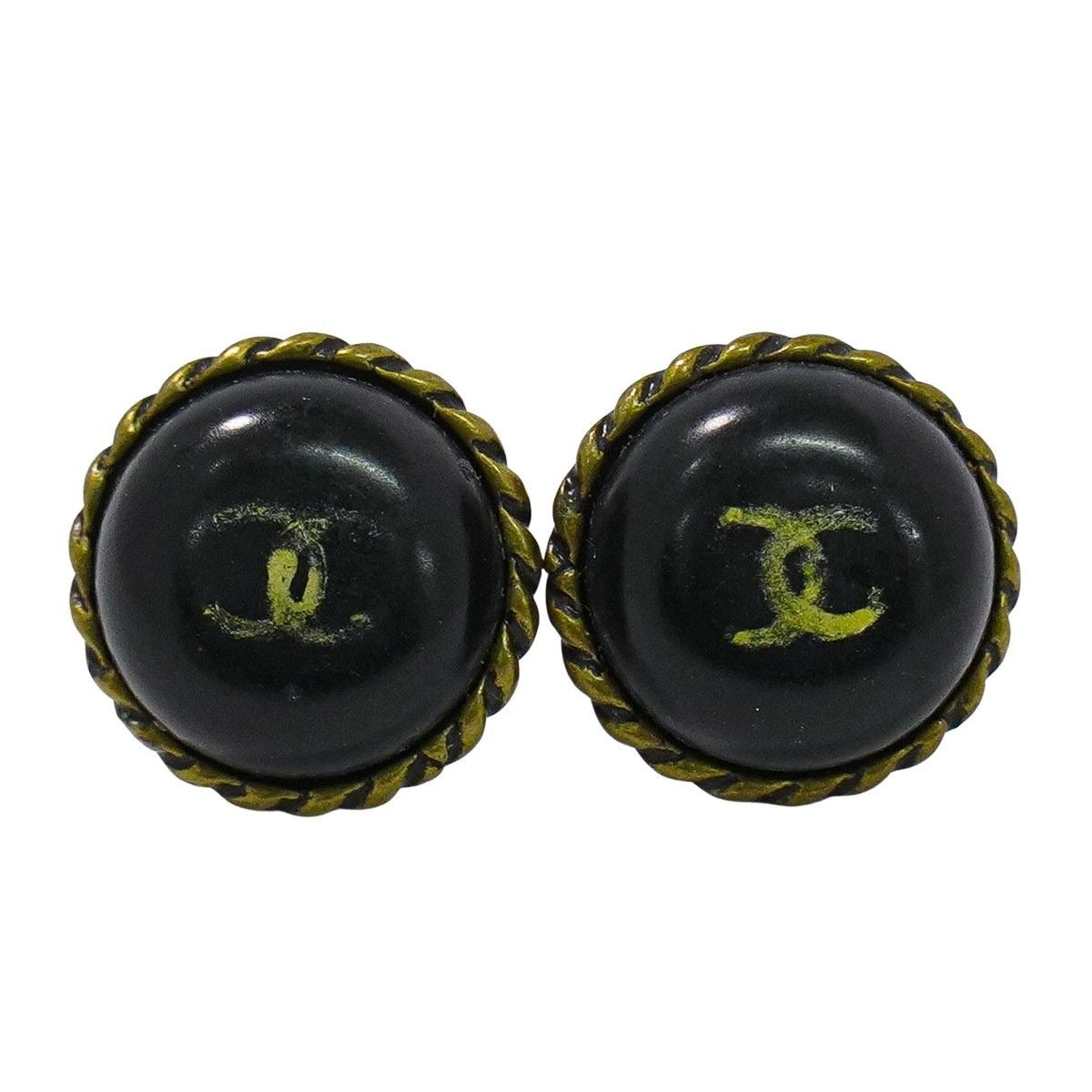 Chanel CC Logo Earrings Plastic Gold Plated Black