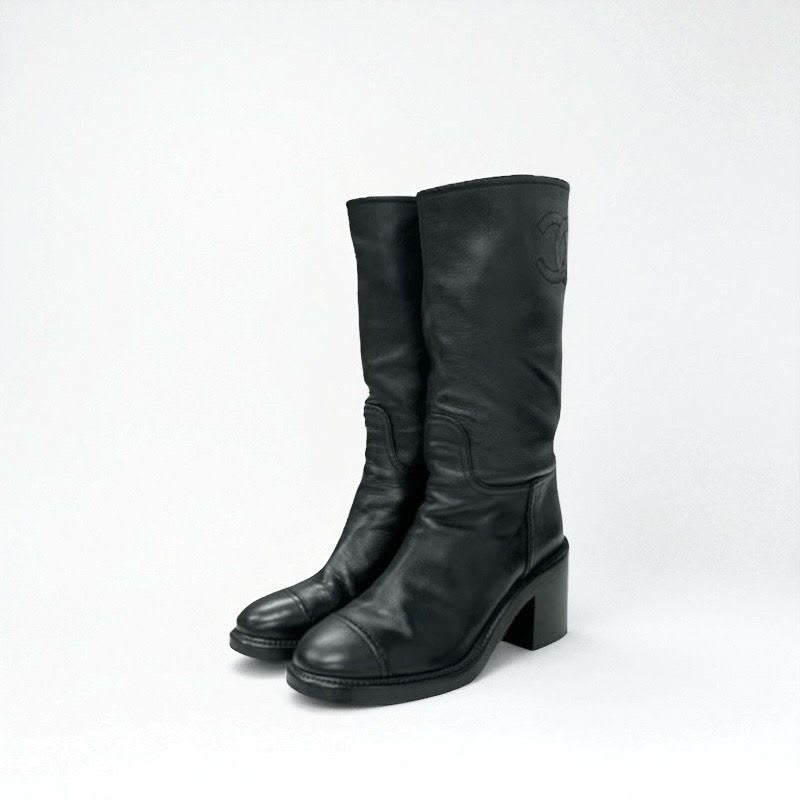 Chanel Boots Long Shoes Calfskin Black Coco Mark Middle