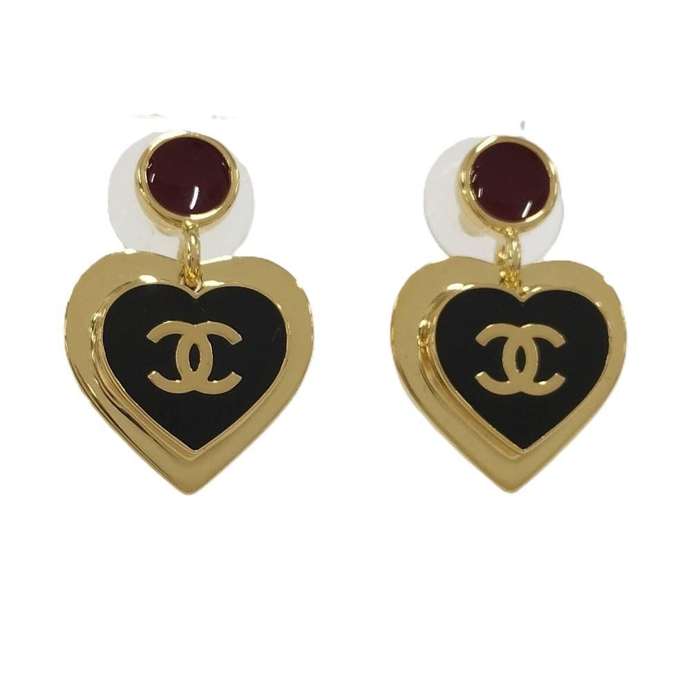 Chanel Earrings Heart CC Logo Plated Gold