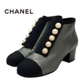 Chanel Boots Short Shoes Fabric Metallic Gray Coco Mark Pearl