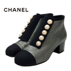 Chanel Boots Short Shoes Fabric Metallic Gray Coco Mark Pearl