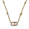 Christian Dior CD Logo Clairdlune Stone Faux Pearl Gold Necklace Accessory 0167