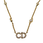 Christian Dior CD Logo Clairdlune Stone Faux Pearl Gold Necklace Accessory 0167