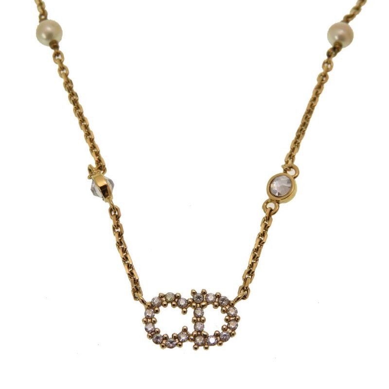 Christian Dior CD Logo Clairdlune Stone Faux Pearl Gold Necklace Accessory 0167