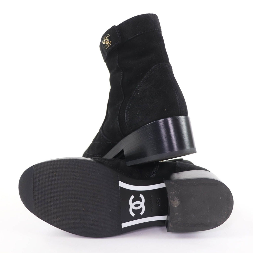 Chanel CC Logo Turnlock Quilted Suede Leather Short Boots Black 37 — view 6
