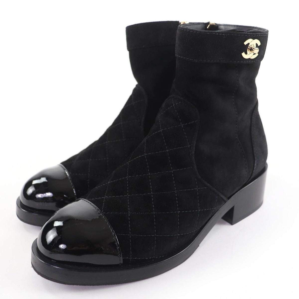 Chanel CC Logo Turnlock Quilted Suede Leather Short Boots Black 37