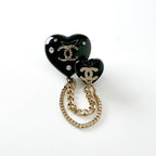 Chanel Brooch Corsage Black Gold Rhinestone Chain Heart