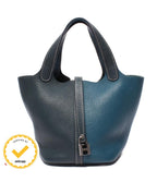 Hermes Handbag Silver Taurillon Clemence Picotin Lock PM Kazak