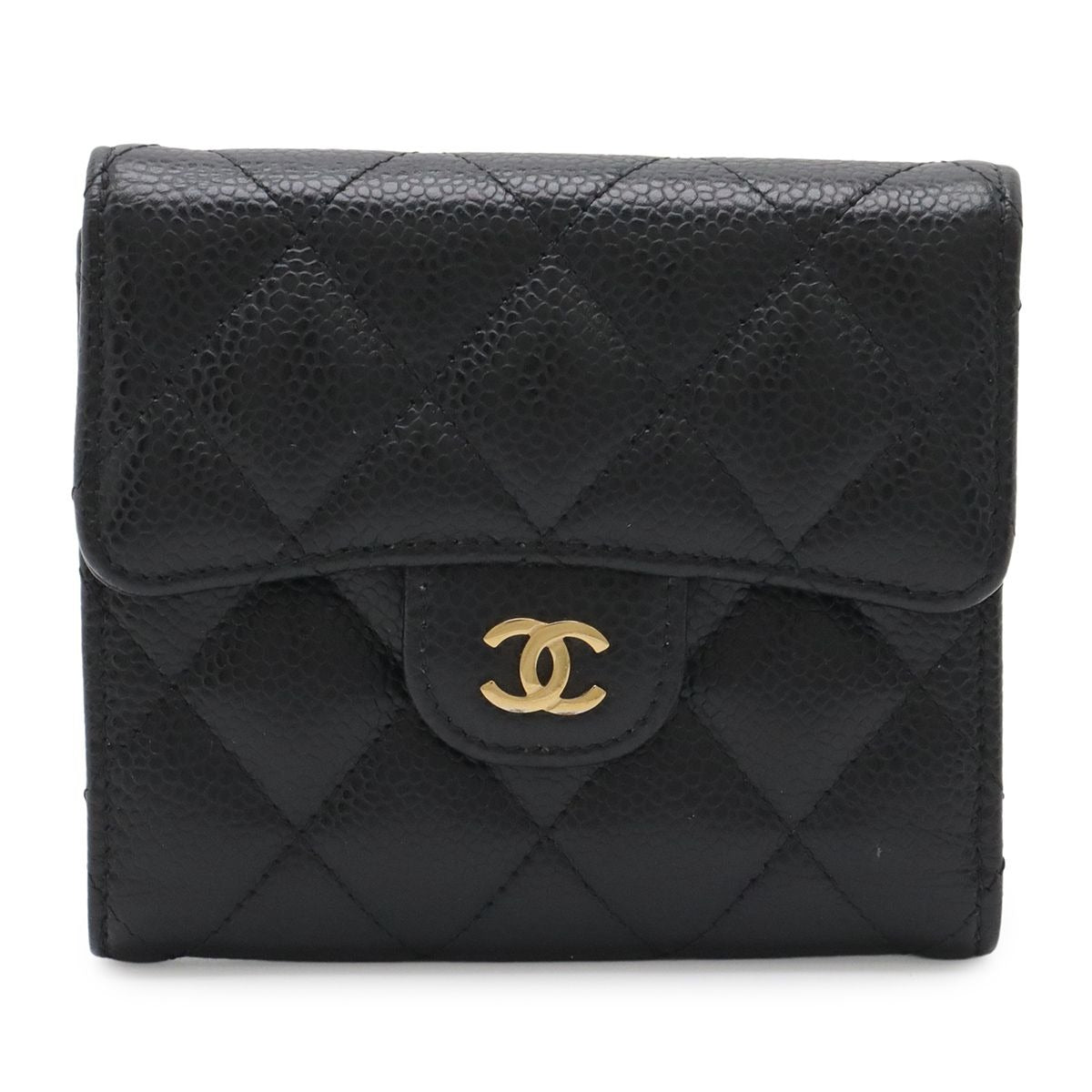 Chanel Quilted CC Logo Classic Small Flap Wallet Trifold Caviar Leather Black