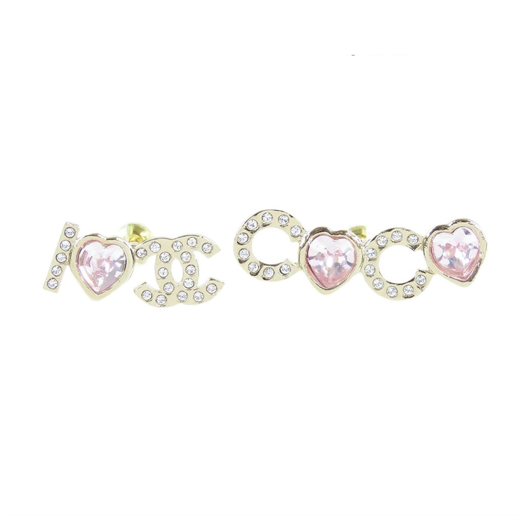 Chanel Earrings Gold Pink Metal Rhinestone I Love CC Logo