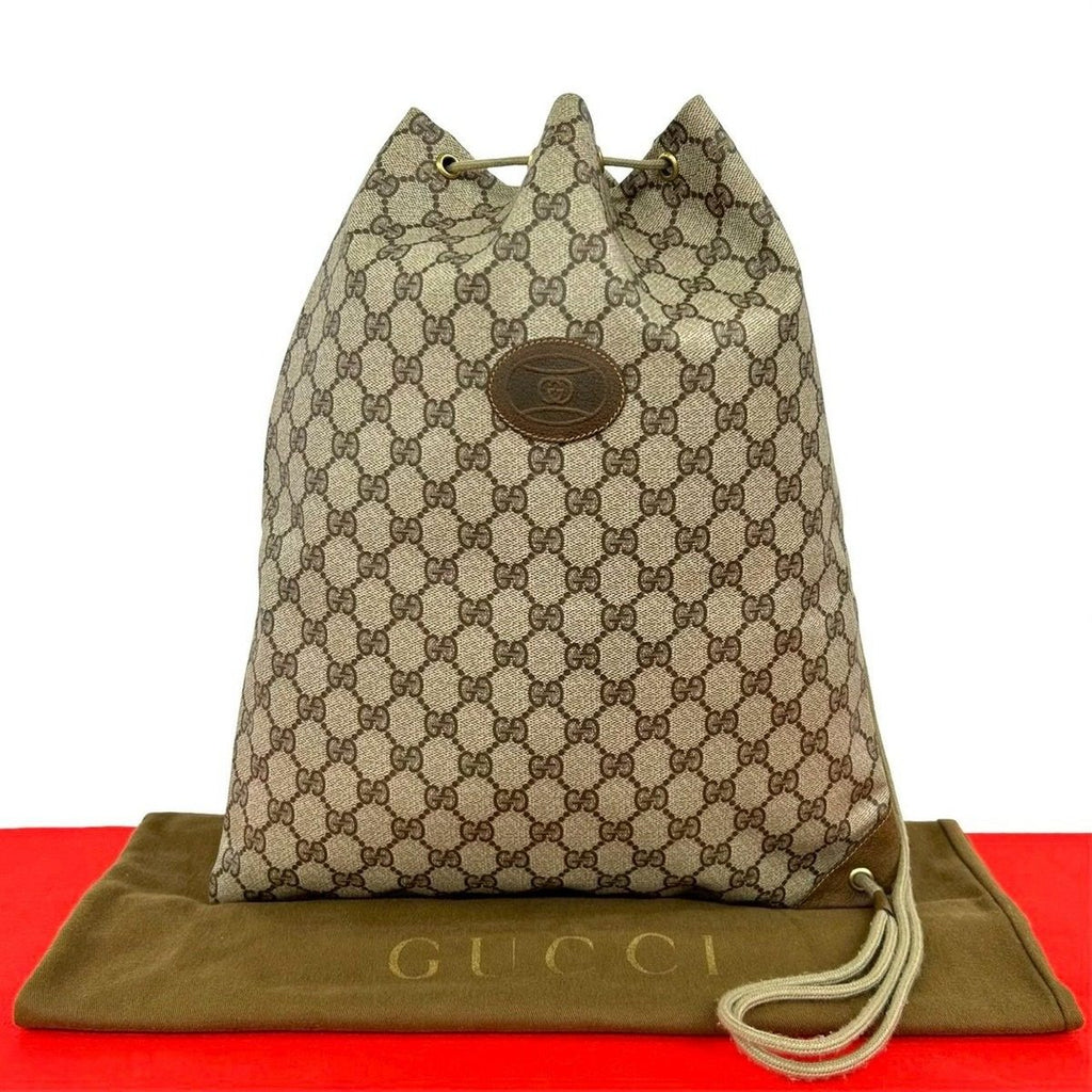 Gucci Vintage GG Logo Leather Drawstring Shoulder Bag Brown
