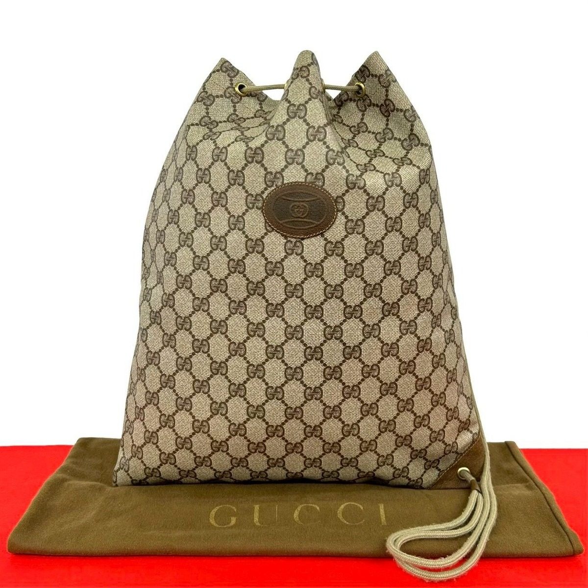 Gucci Vintage GG Logo Leather Drawstring Shoulder Bag Brown