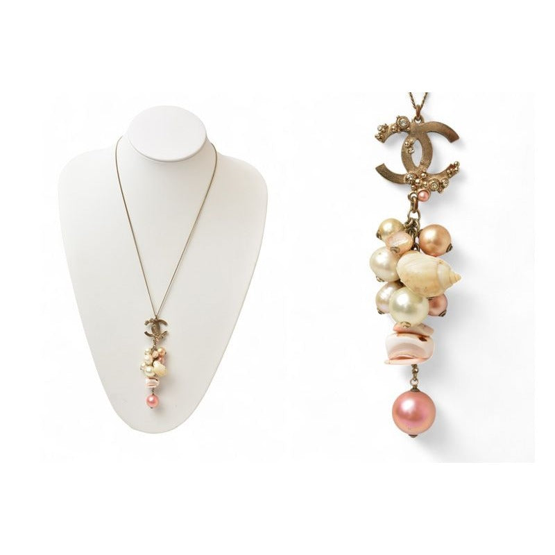 Chanel Long Necklace Pendant Chnael Coco CC Pearl Shell Motif Antique Gold Rose — view 2