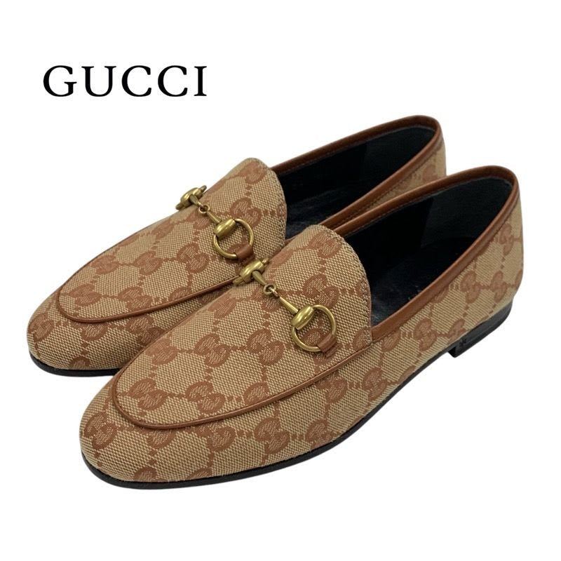 Gucci Loafer Leather Shoes Fabric Brown Flat Horsebit
