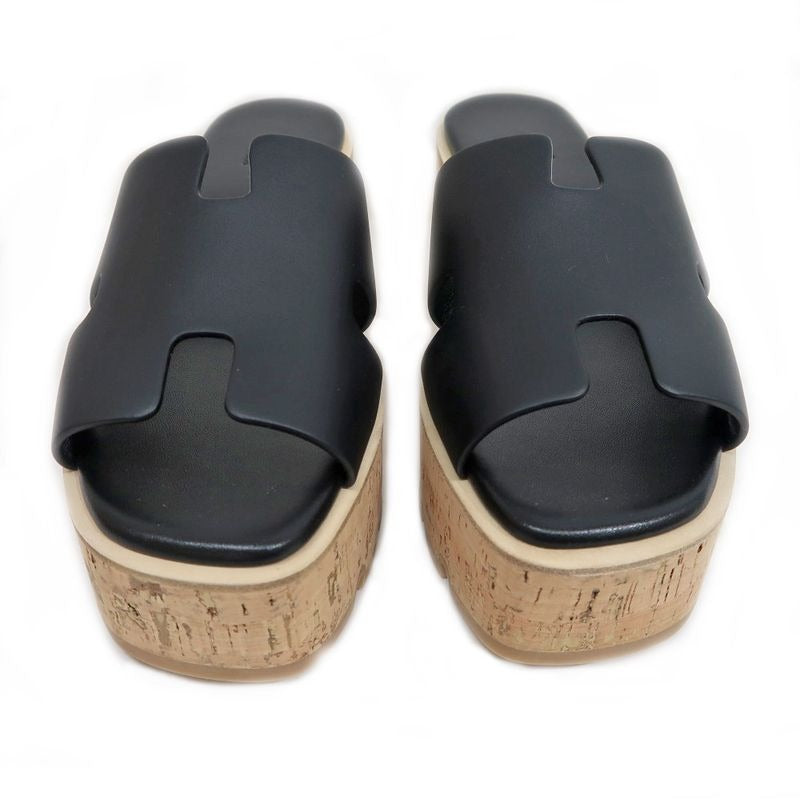 Hermes Eze Sandals Size 39 Leather Black Cork Thick Sole — view 3