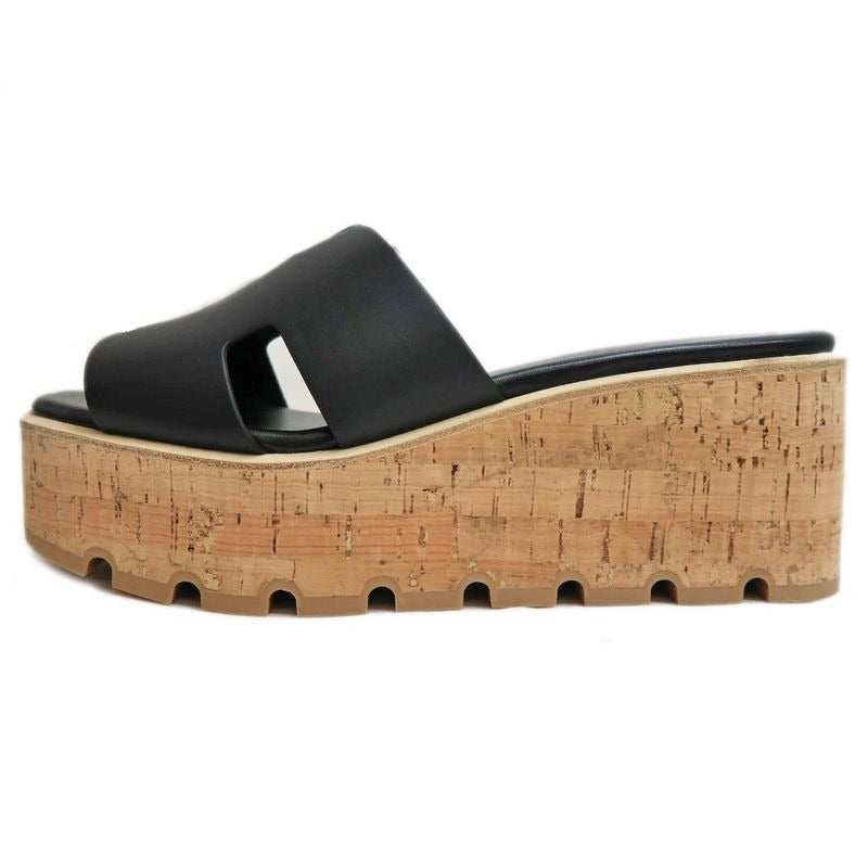 Hermes Eze Sandals Size 39 Leather Black Cork Thick Sole