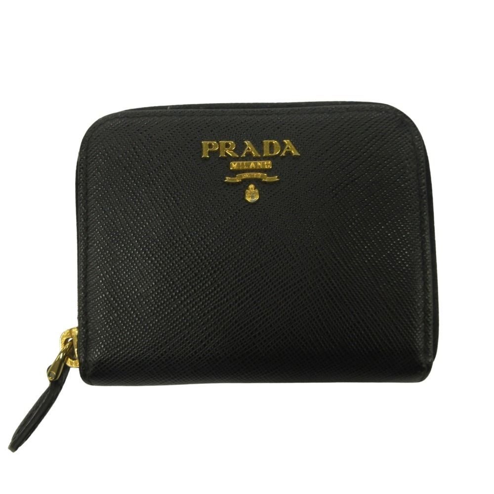 Prada Saffiano Leather Coin Purse Wallet Compact Black Gold