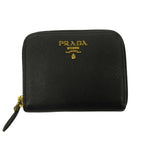 Prada Saffiano Leather Coin Purse Wallet Compact Black Gold