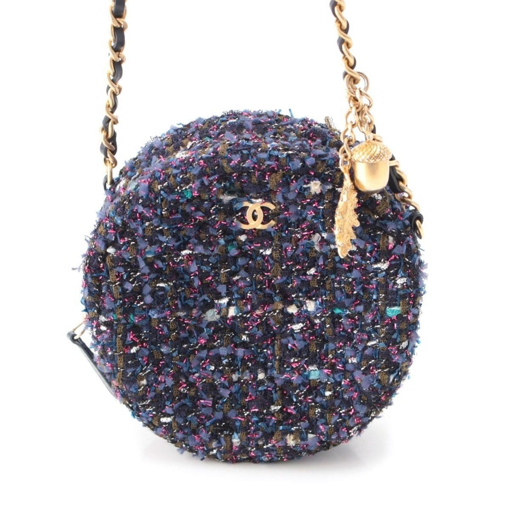 Chanel Quilted Tweed CC Logo Round Chain Shoulder Bag Gold Purple