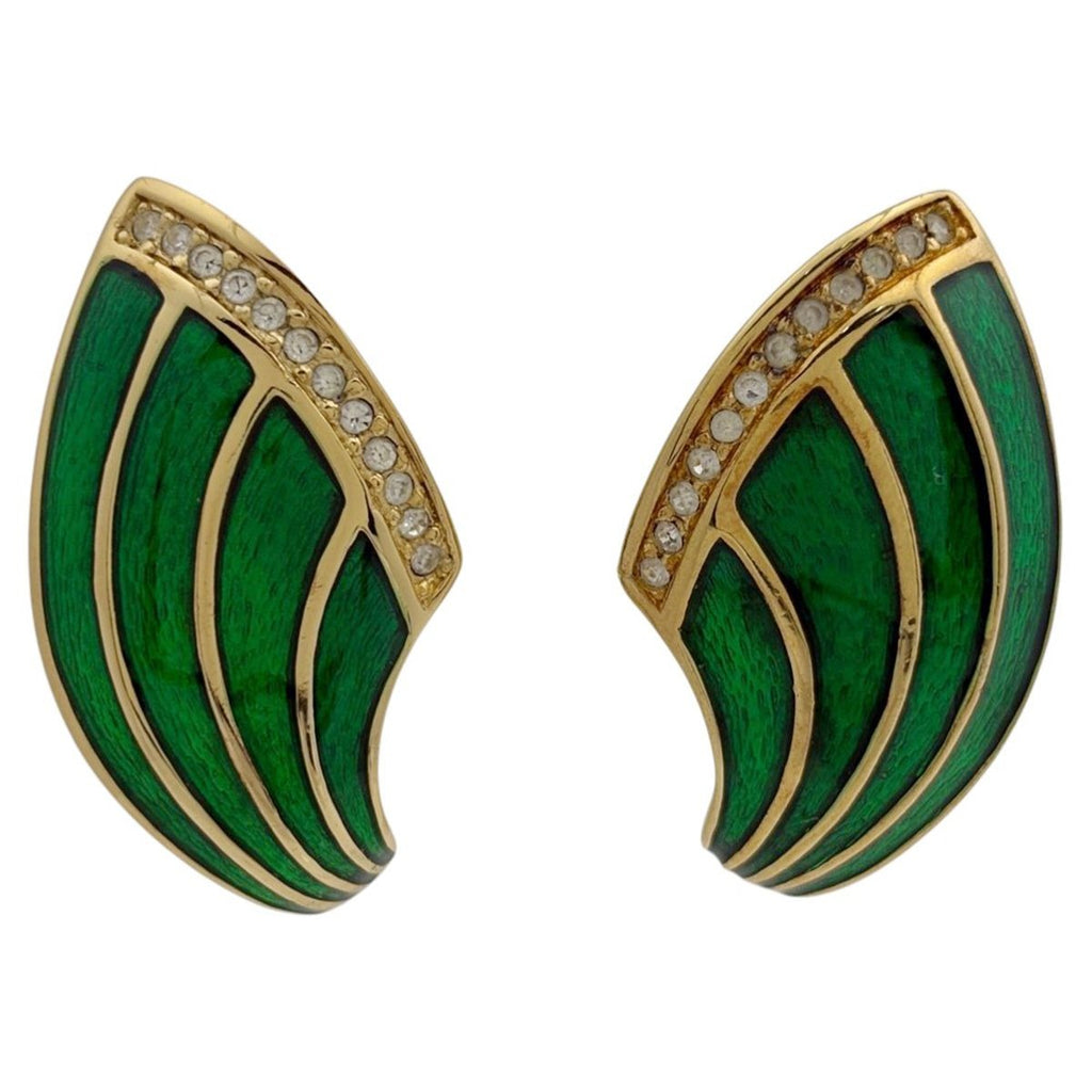 Dior Rhinestone Earrings Gold Plated Green
