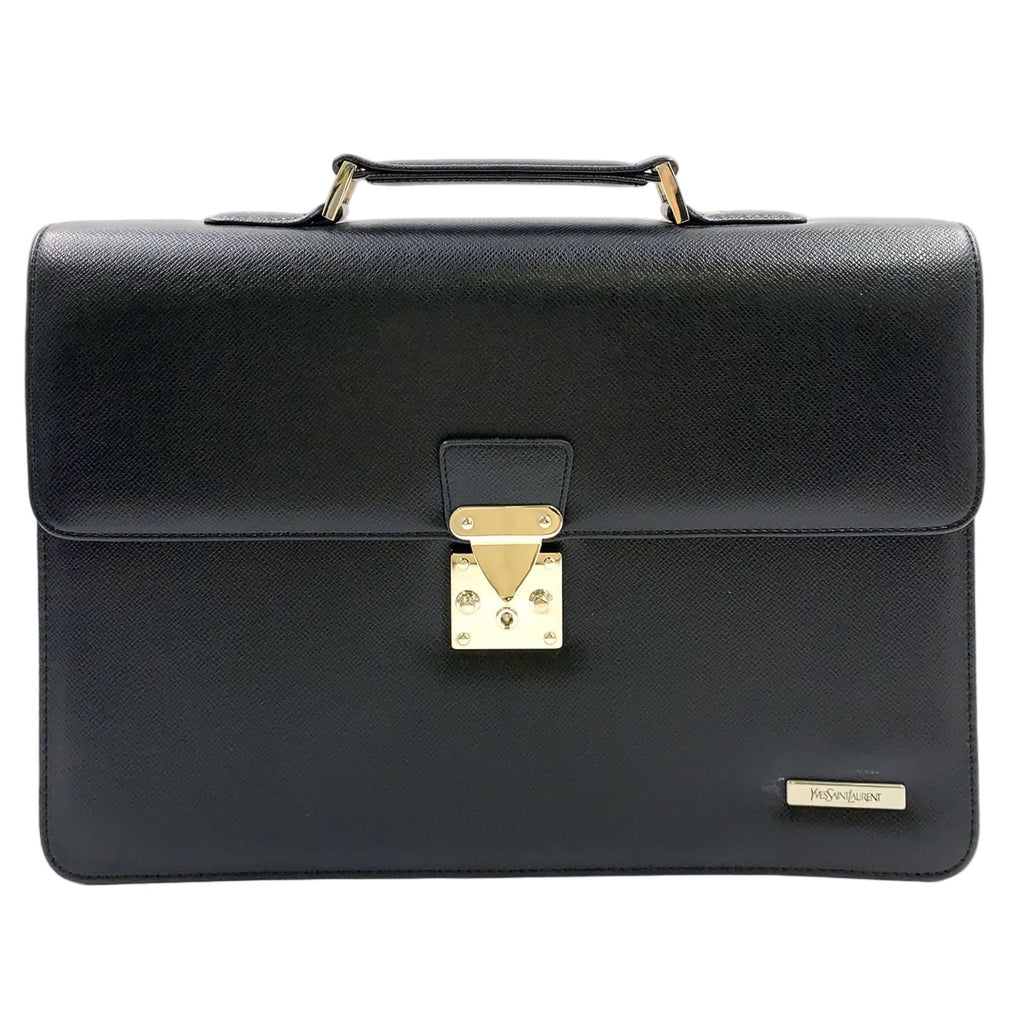 Saint Laurent YSL Logo Plate Leather Black Business Bag Silver