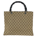 Gucci Bamboo Beige Brown Gunmetal GG Canvas 002 Tote
