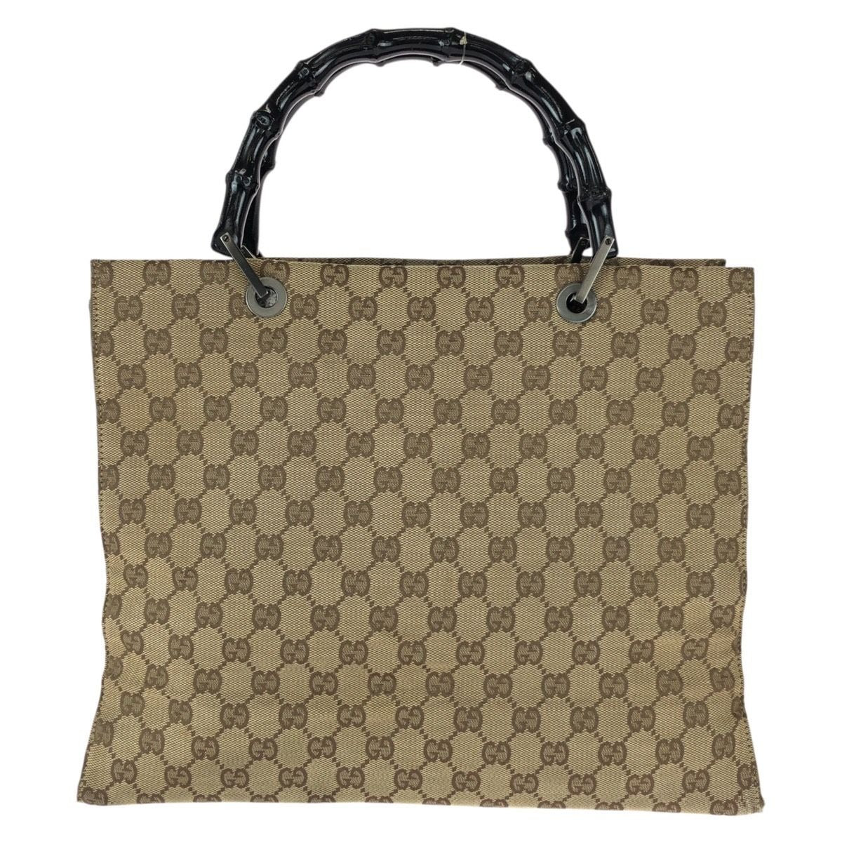 Gucci Bamboo Beige Brown Gunmetal GG Canvas 002 Tote