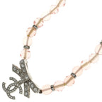 Chanel CC Logo Rhinestone Ribbon Necklace Pendant Pink