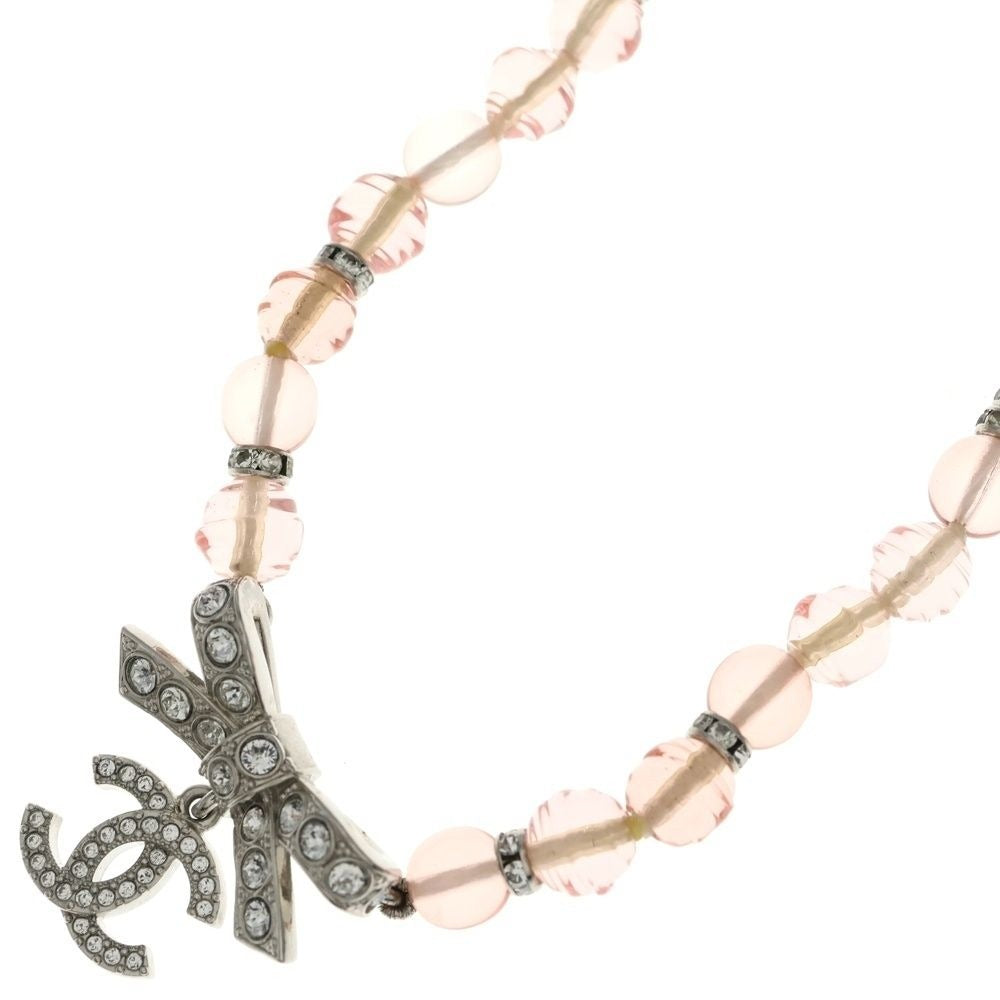 Chanel CC Logo Rhinestone Ribbon Necklace Pendant Pink