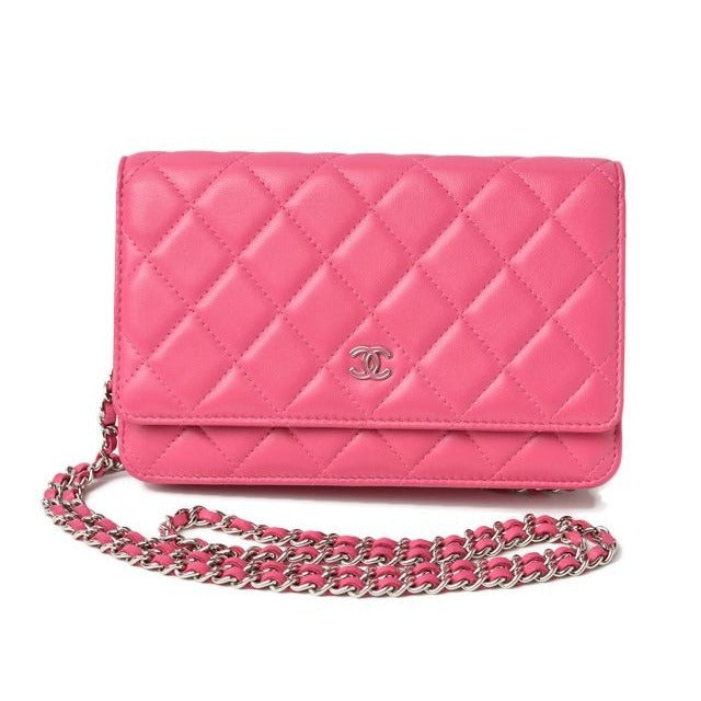 Chanel Chain Wallet Shoulder Bag Long Clutch Lambskin Pink Silver