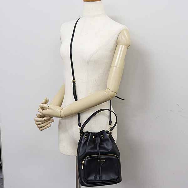 Prada Duet Bucket Bag 2-Way Shoulder Drawstring Soft Calf Saffiano Leather Nero — view 5